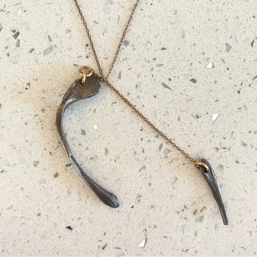 NWOT Asymmetrical Wishbone Lariat Gold Plated & Pewter Artisan Necklace - Picture 2 of 8